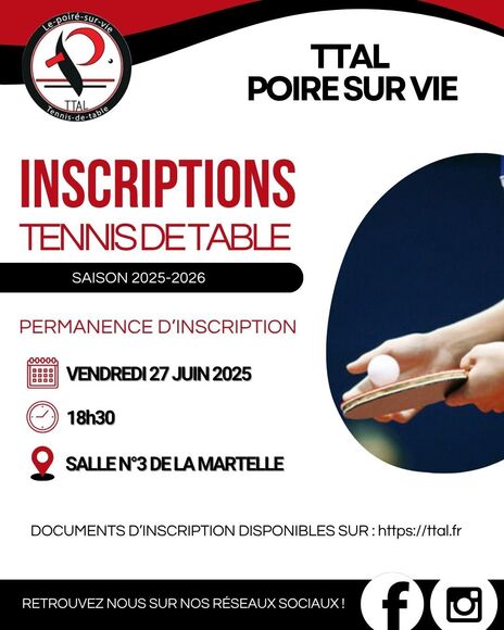 Affiche Inscriptions TTAL Poiré Saison 2025-2026